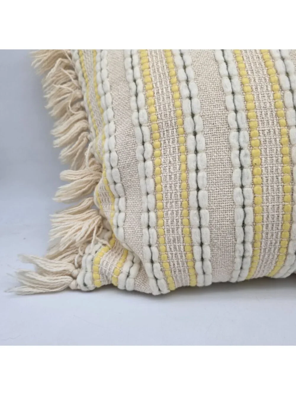 MCM Yellow & Cream Striped Woven Throw Pillow Fringe Accents 20